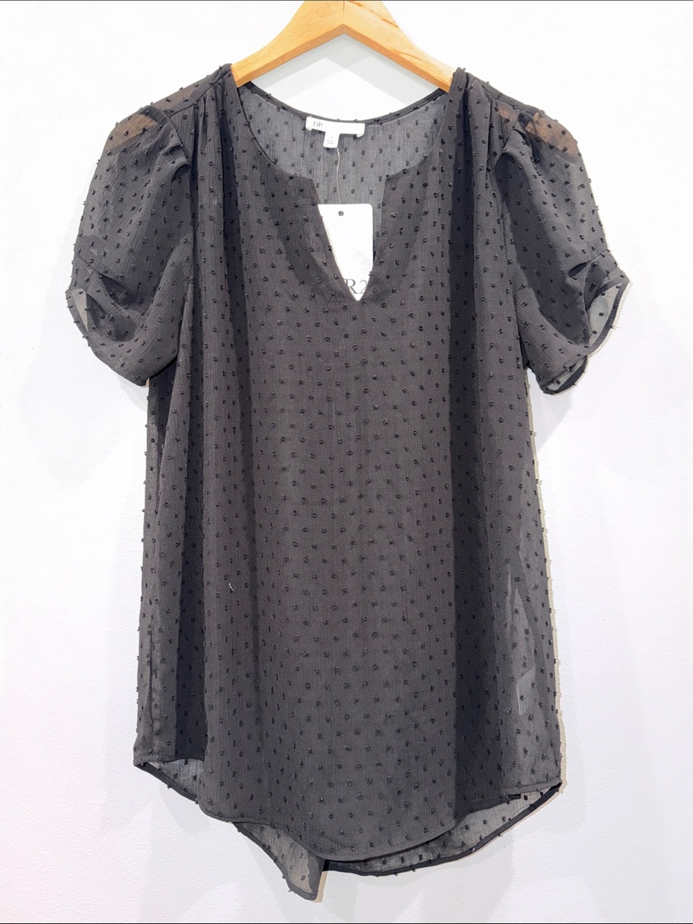 DR2 Black Sheer Dot Puff-Sleeve Blouse Size Small BNWT